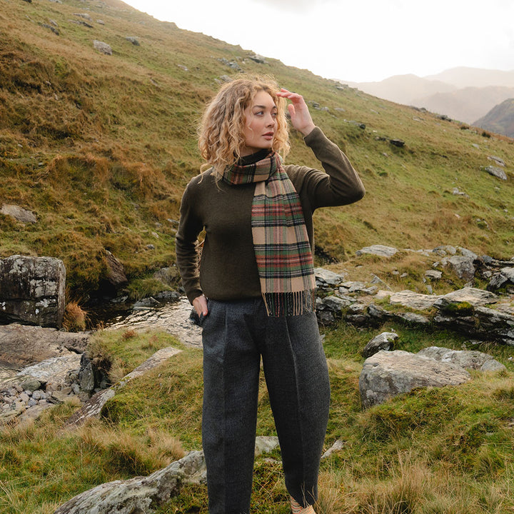 Merino Wool Green Brown Charcoal Camel Check Scarf