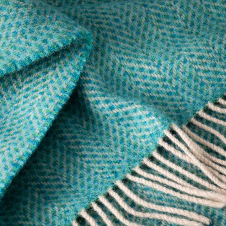 Merino Wool Cashmere Throw Green Aqua Herringbone