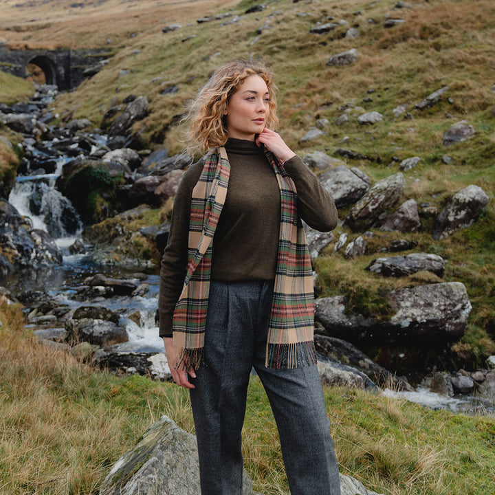 Merino Wool Green Brown Charcoal Camel Check Scarf