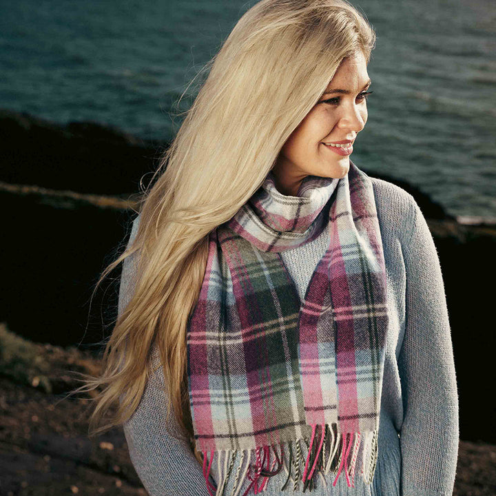 Merino Luxury Wool Scarf Green Blue Pink Plaid