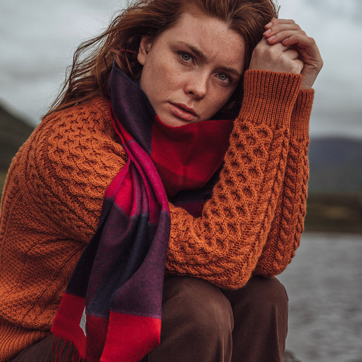 Merino  Wool Scarf Red Pink & Navy Black Check