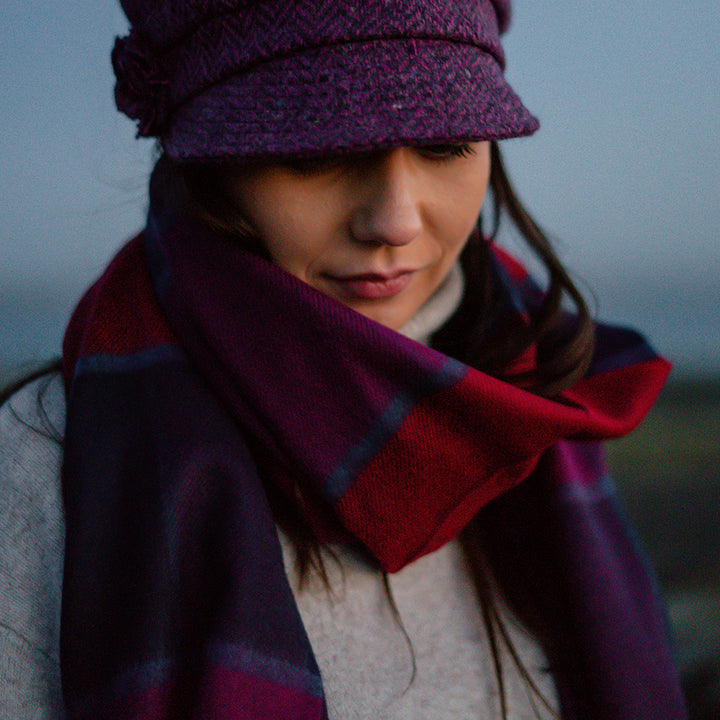Merino  Wool Scarf Red Pink & Navy Black Check