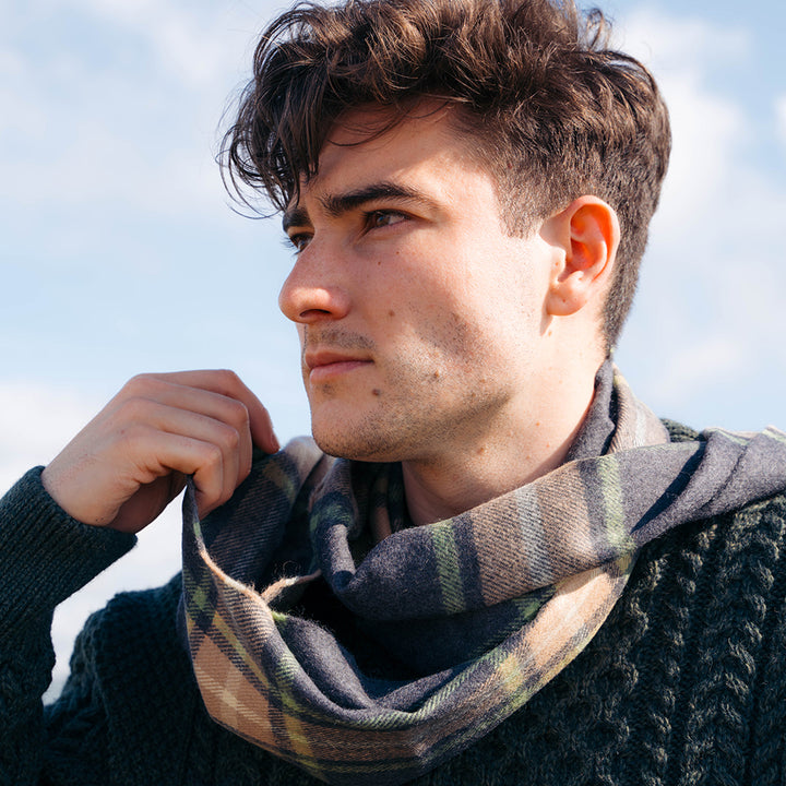 Merino Luxury Wool Scarf Denim Grey Plaid 192