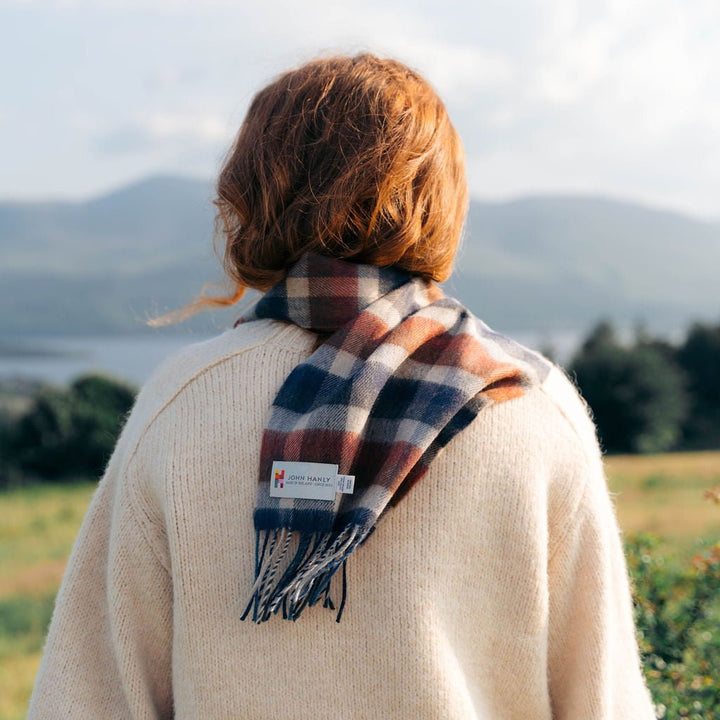 Merino Luxury Wool Scarf Silver Navy Brown Checkerboard