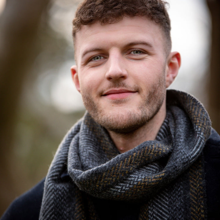 Cashmere Merino Scarf Grey Mustard Stripe