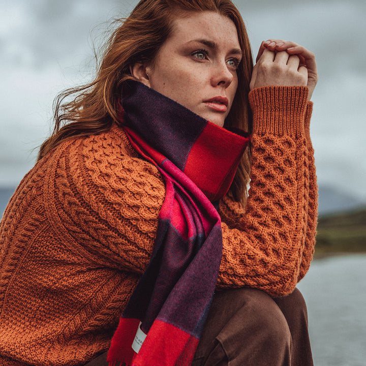 Merino  Wool Scarf Red Pink & Navy Black Check