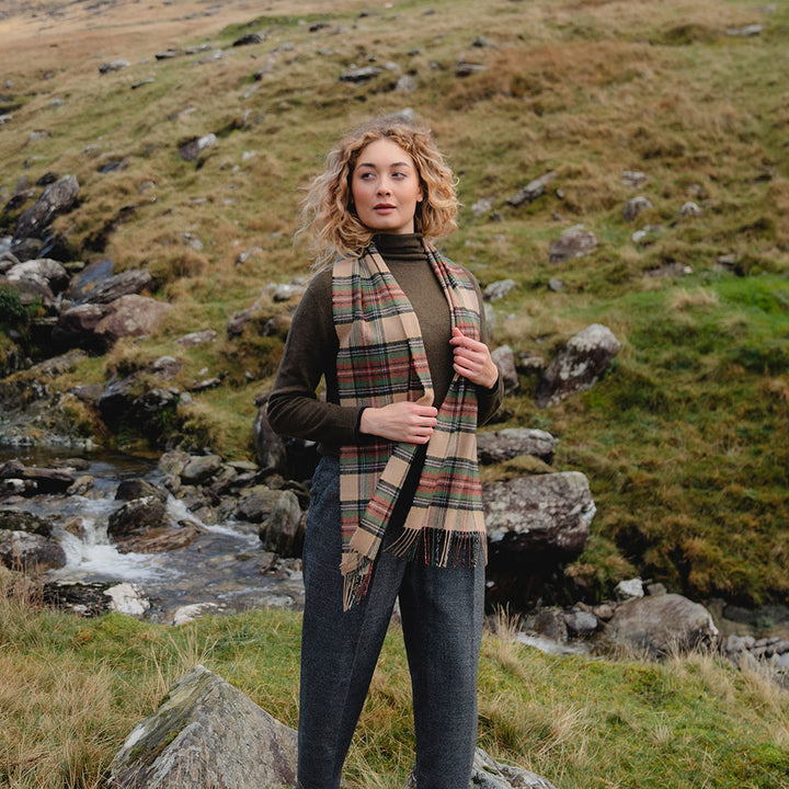 Merino Wool Green Brown Charcoal Camel Check Scarf