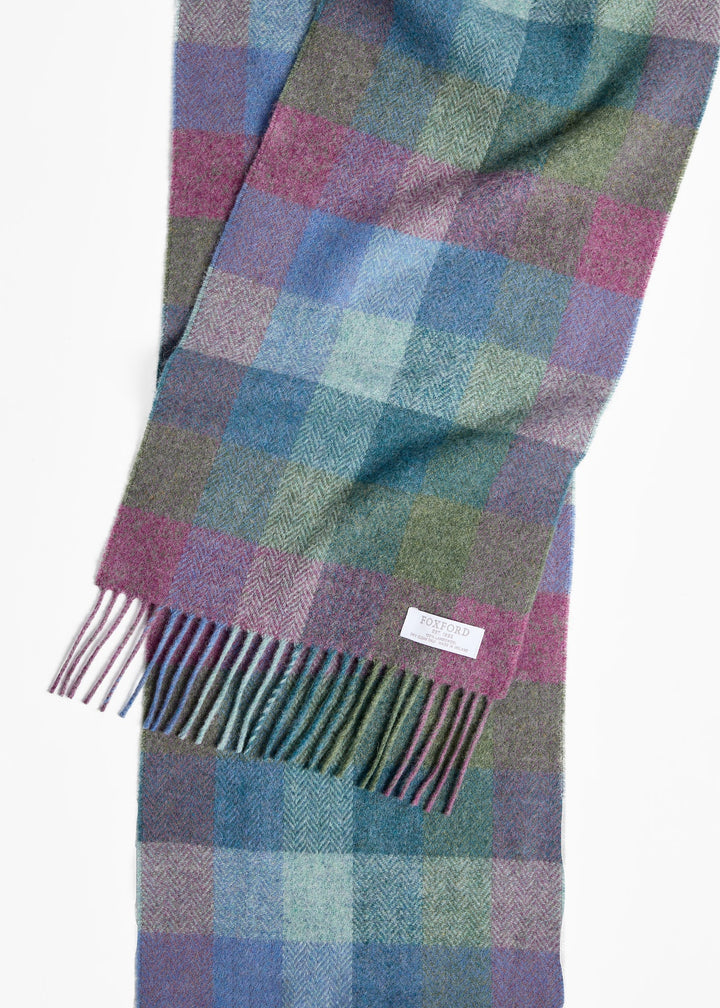 Foxford Damask Green Turquoise Check Lambswool Scarf
