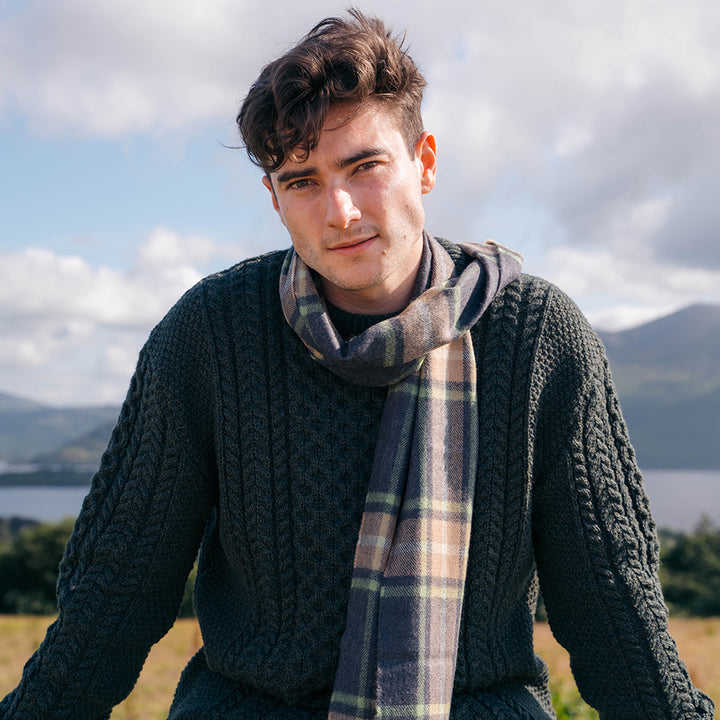 Merino Luxury Wool Scarf Denim Grey Plaid 192