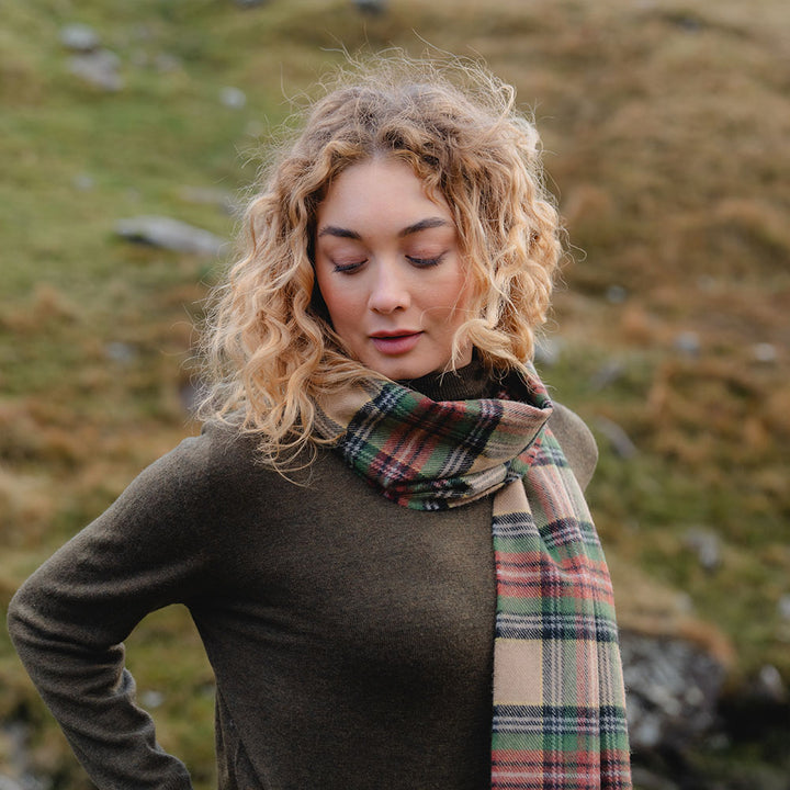 Merino Wool Green Brown Charcoal Camel Check Scarf