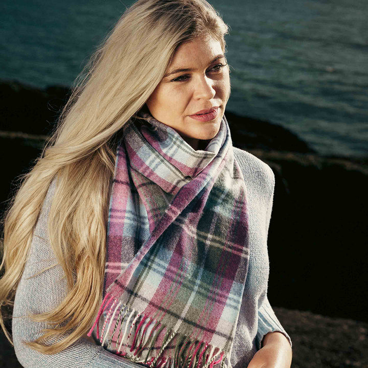 Merino Luxury Wool Scarf Green Blue Pink Plaid