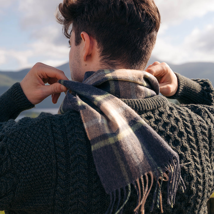 Merino Luxury Wool Scarf Denim Grey Plaid 192