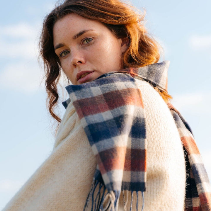 Merino Luxury Wool Scarf Silver Navy Brown Checkerboard