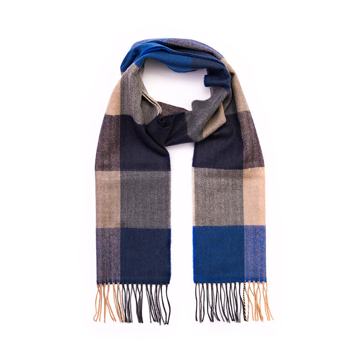 Merino Luxury Wool Scarf Blue Navy Sand Black Check
