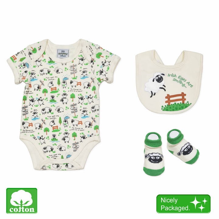 100% Cotton  Irish Print Vest, Bib & Booties Set