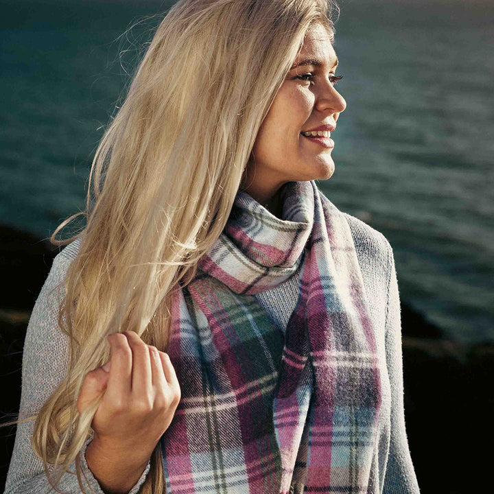 Merino Luxury Wool Scarf Green Blue Pink Plaid