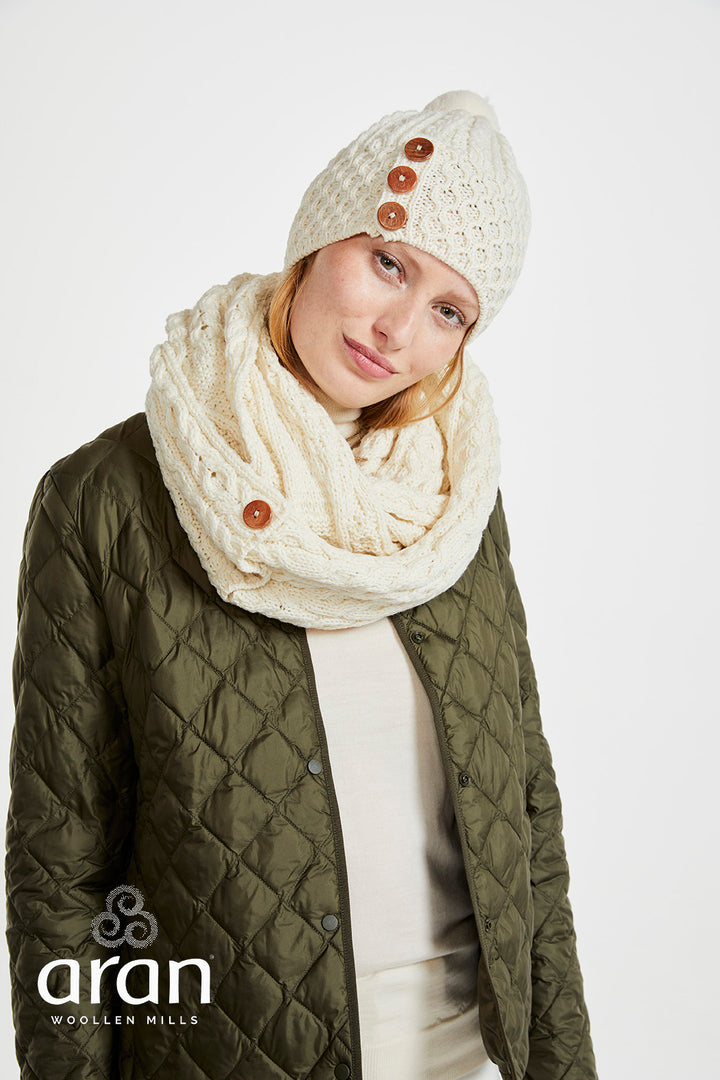 Honeycomb +cable knit hat with Triskle Buttons