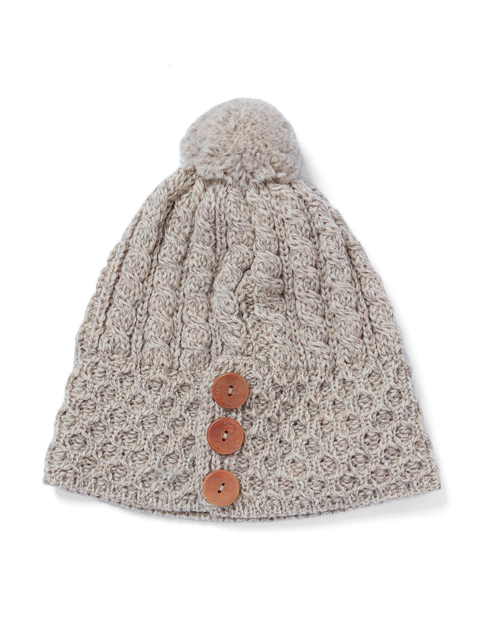Honeycomb +cable knit hat with Triskle Buttons