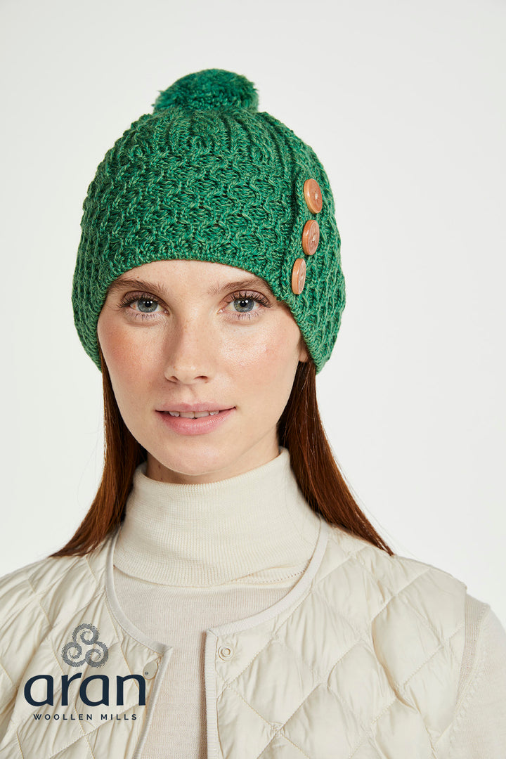 Honeycomb +cable knit hat with Triskle Buttons