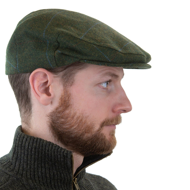 Irish  Tweed Cap Pine Green with Overcheck