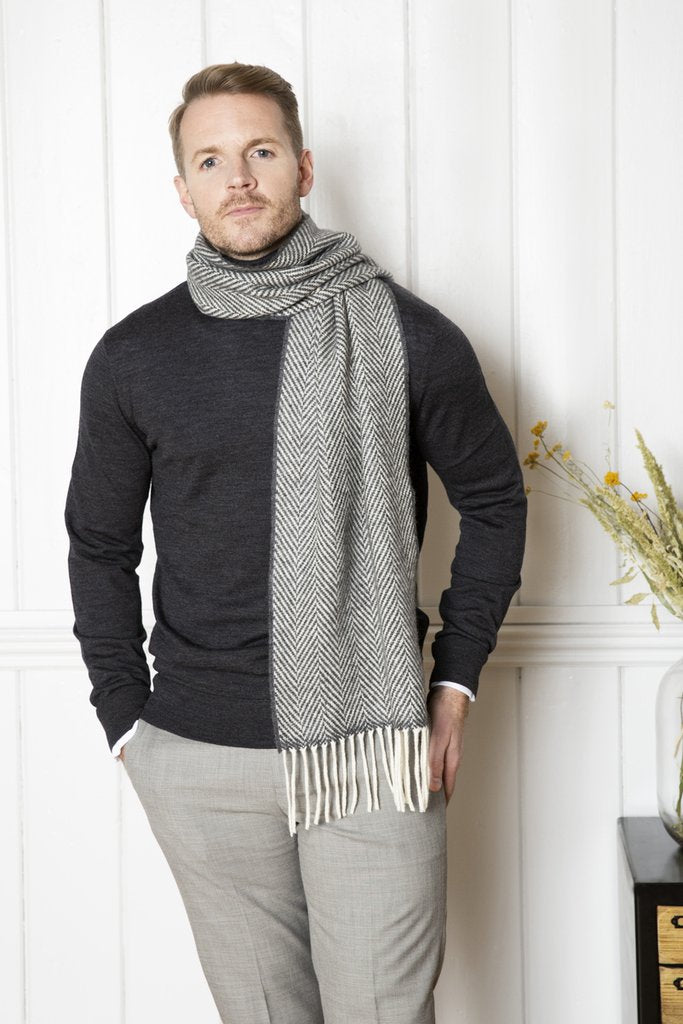 Oxford and White Herringbone Wool and Cashmere Scarf