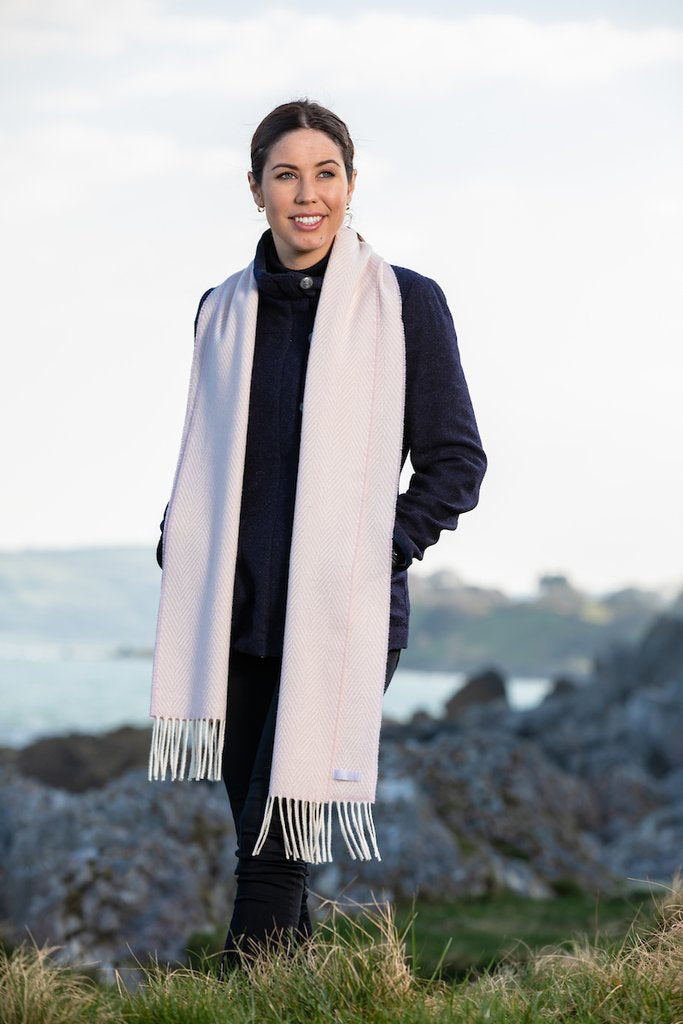 Pink and White Herringbone Wool and Cashmere Scarf