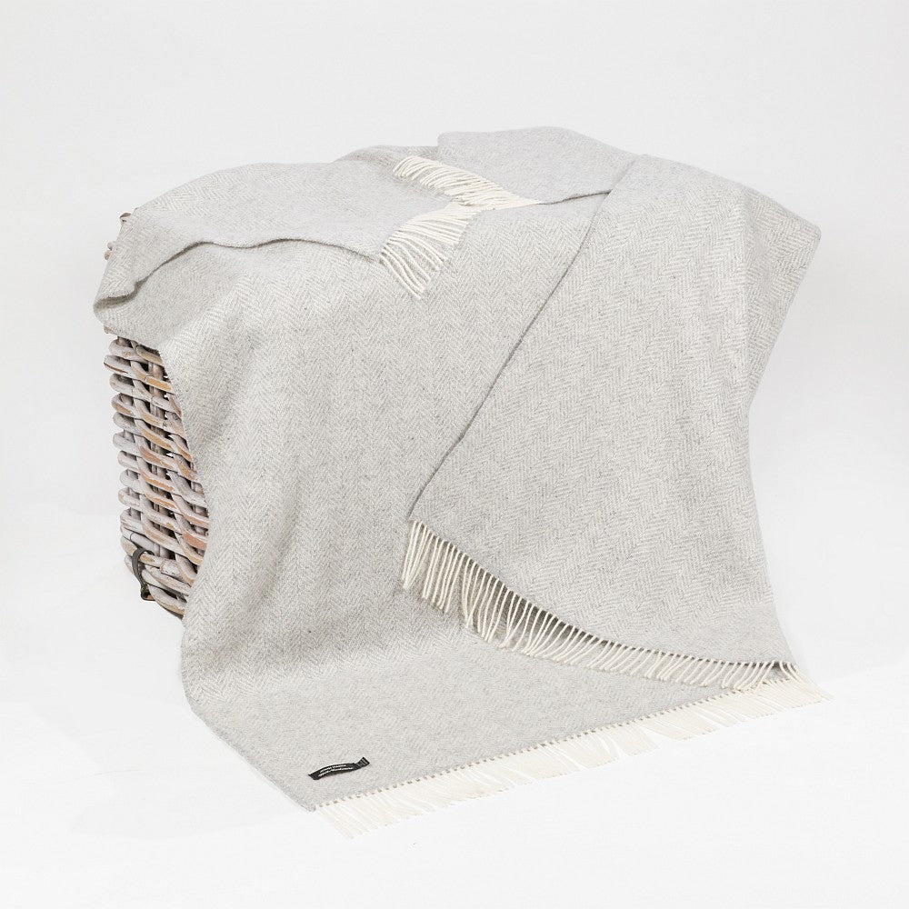 Wool Cashmere Throw Pale Grey and Cream Herringbone