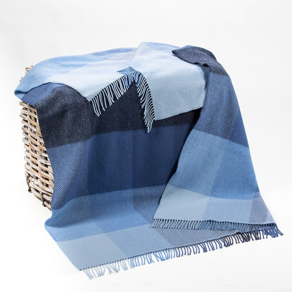 Wool Cashmere Throw Blue Mix Herringbone Block