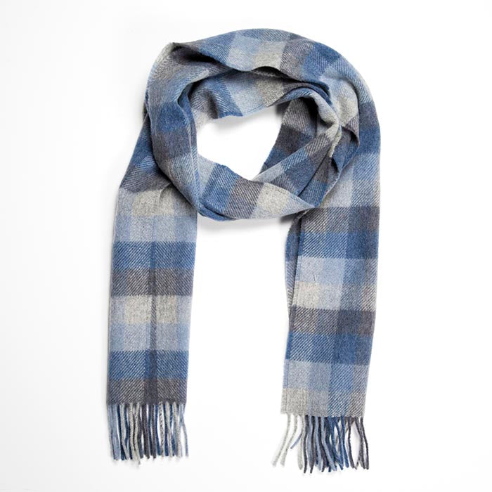 Lambswool Scarf – Blue Grey Block Check – Long Length