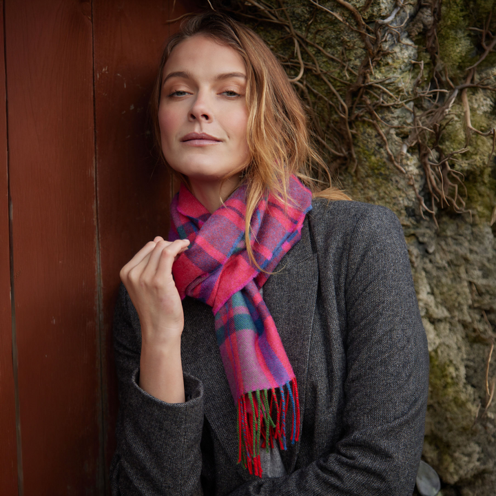 Merino Luxury Wool Scarf Pink Slate Navy Blue Check Herringbone