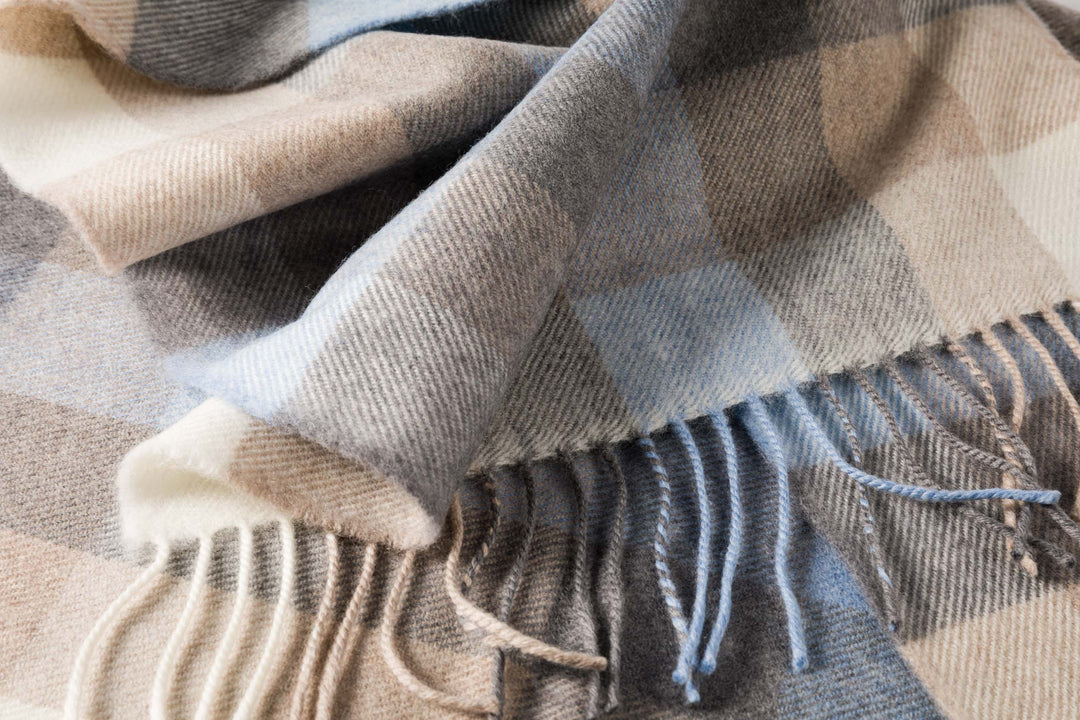 Merino Luxury Wool Scarf Blue Grey Stone White Block Check