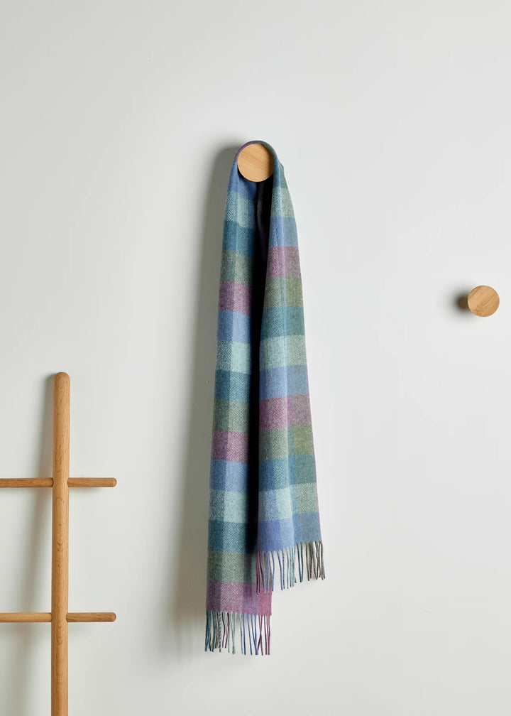 Foxford Damask Green Turquoise Check Lambswool Scarf