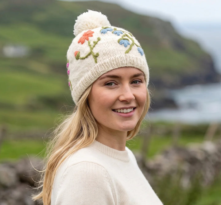 Pure Wool Bobble Beanie Embroidery Irish Wild Flower