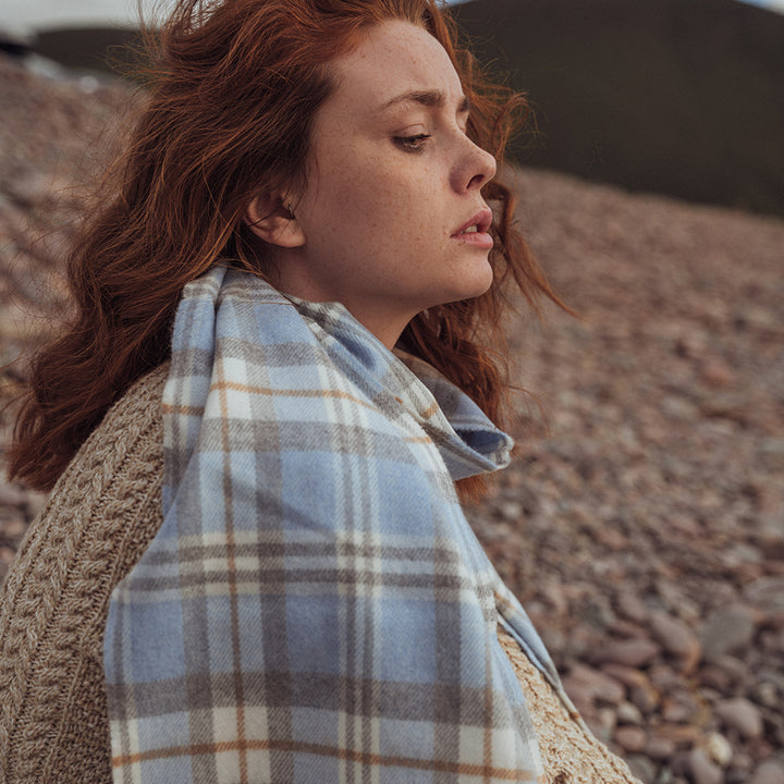 Merino Luxury Wool Scarf –  Baby Blue Cream and Cream Check