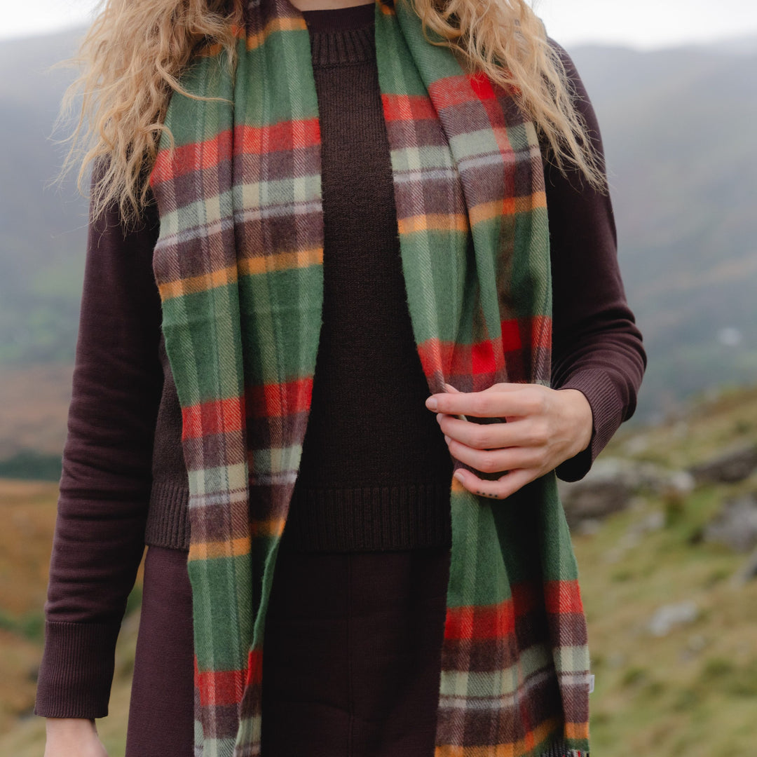 Merino Luxury Wool Scarf Green Rust Orange Brown Check