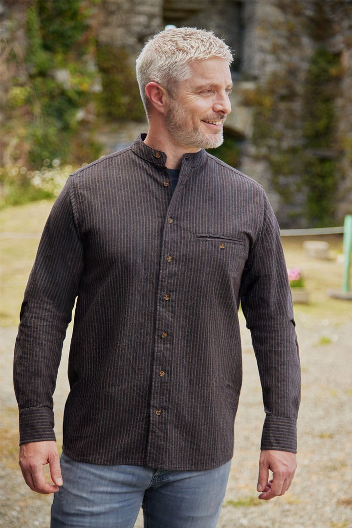 Men’s Comfort Cotton Grandfather Shirt – Black with Red / Brown Stripe