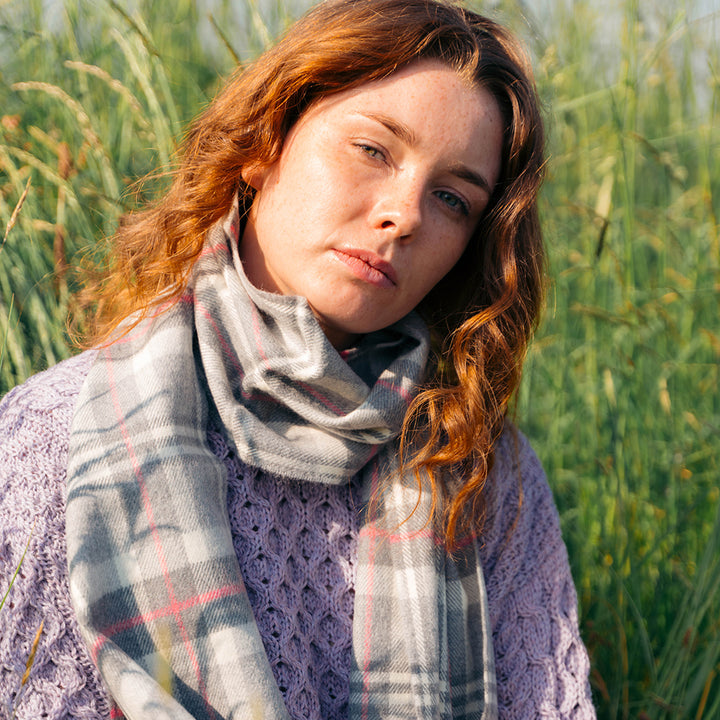 Merino Luxury Wool Scarf Pale Grey White and Pink Check 176