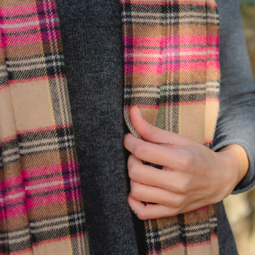 Merino Luxury Wool Scarf Pink Brown Charcoal Camel Check