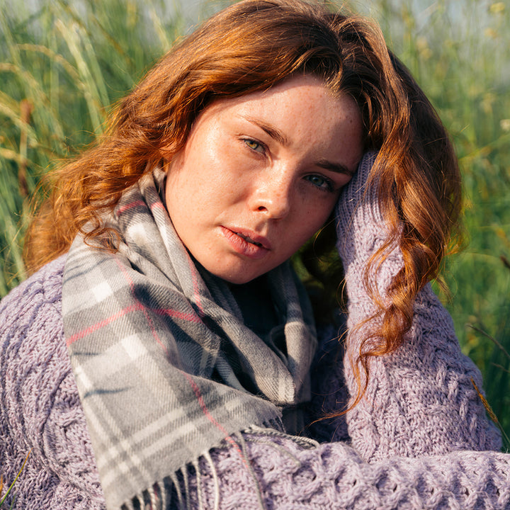 Merino Luxury Wool Scarf Pale Grey White and Pink Check 176