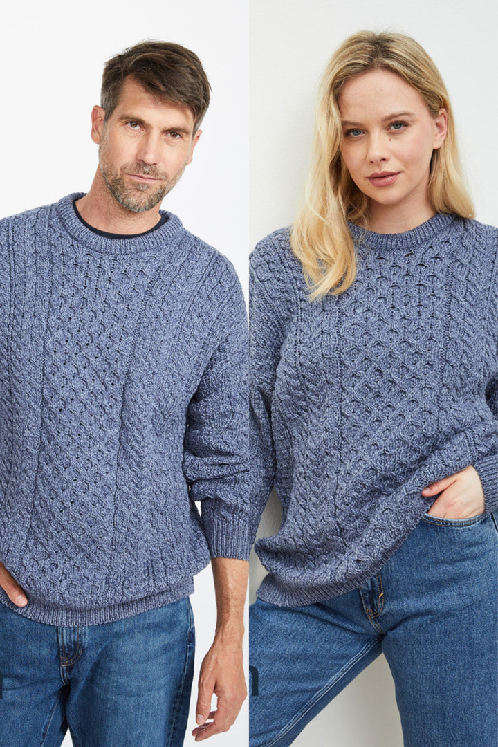 Unisex Merino Wool Aran Sweater - Denim Marl