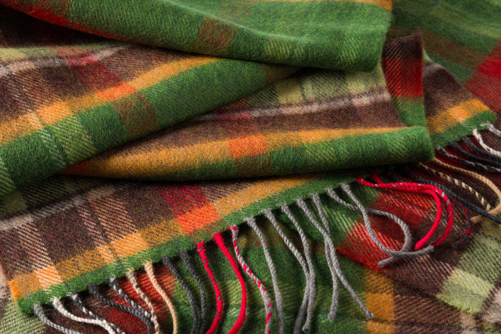 Merino Luxury Wool Scarf Green Rust Orange Brown Check