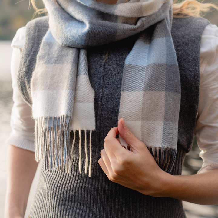 Merino Luxury Wool Scarf Blue Grey Stone White Block Check