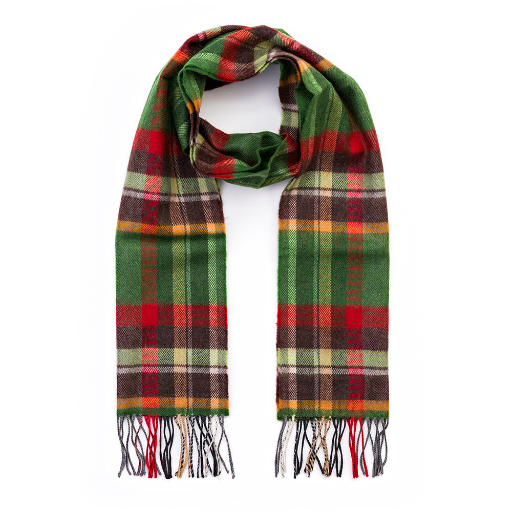 Merino Luxury Wool Scarf Green Rust Orange Brown Check