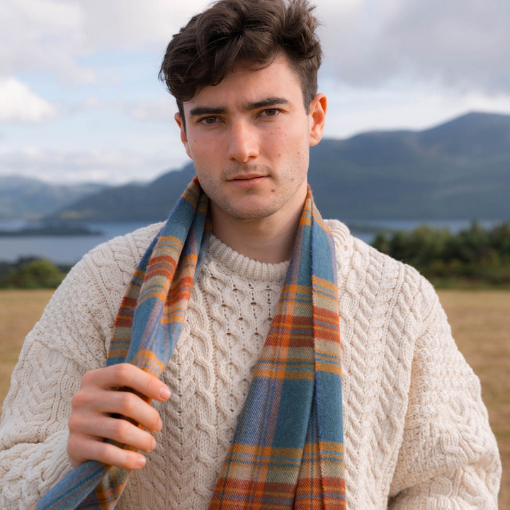 Merino Luxury Wool Scarf Sea Green Rust Plaid
