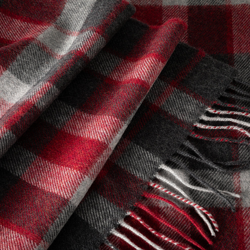 Merino  Wool Scarf Charcoal Silver Red Check