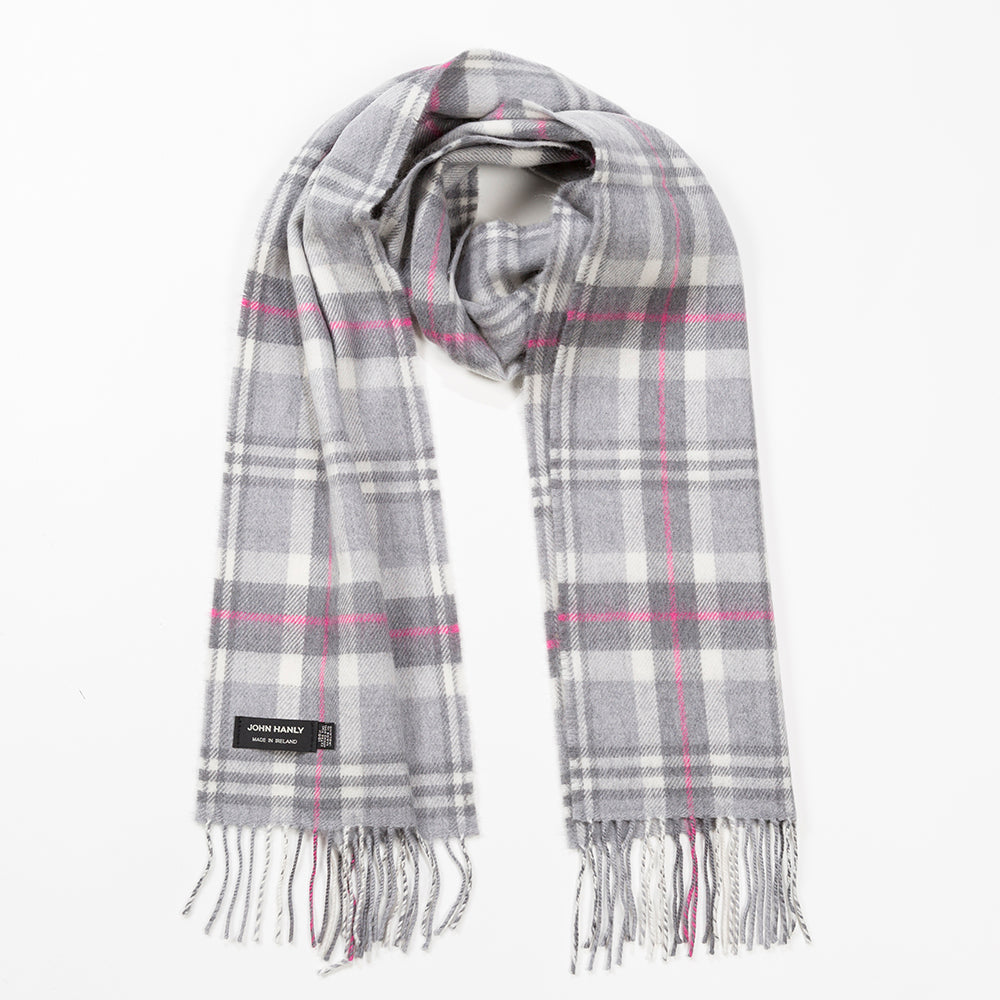 Merino Luxury Wool Scarf Pale Grey White and Pink Check 176