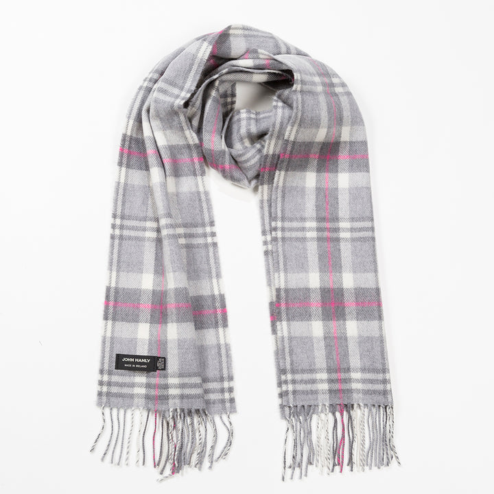 Merino Luxury Wool Scarf Pale Grey White and Pink Check 176