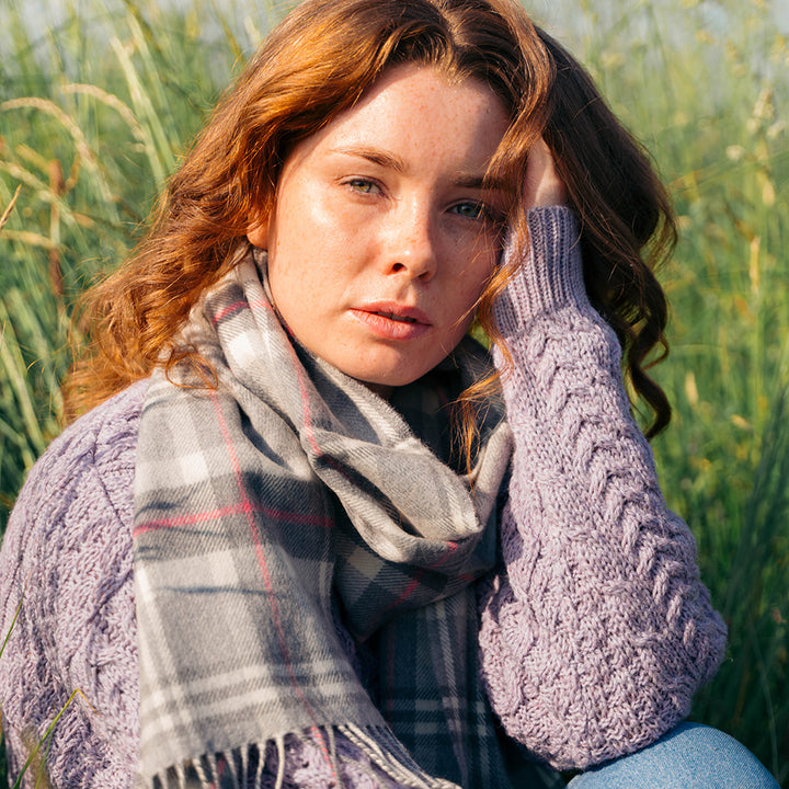 Merino Luxury Wool Scarf Pale Grey White and Pink Check 176