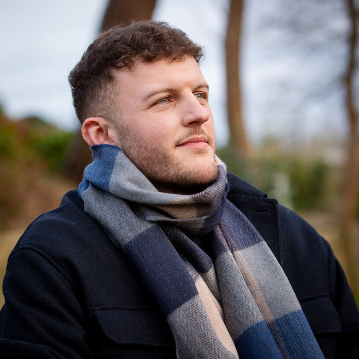 Merino Luxury Wool Scarf Blue Navy Sand Black Check