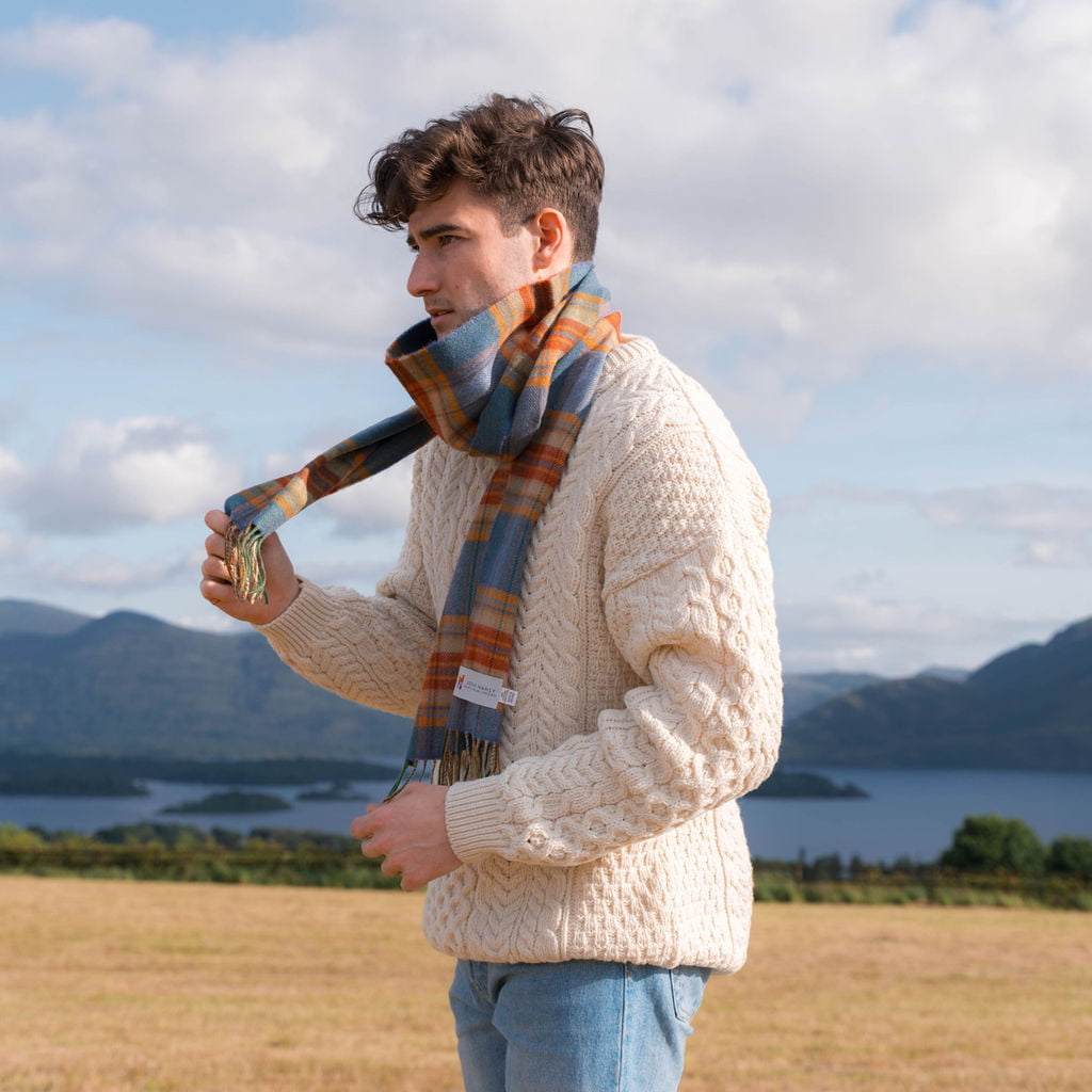 Merino Luxury Wool Scarf Sea Green Rust Plaid